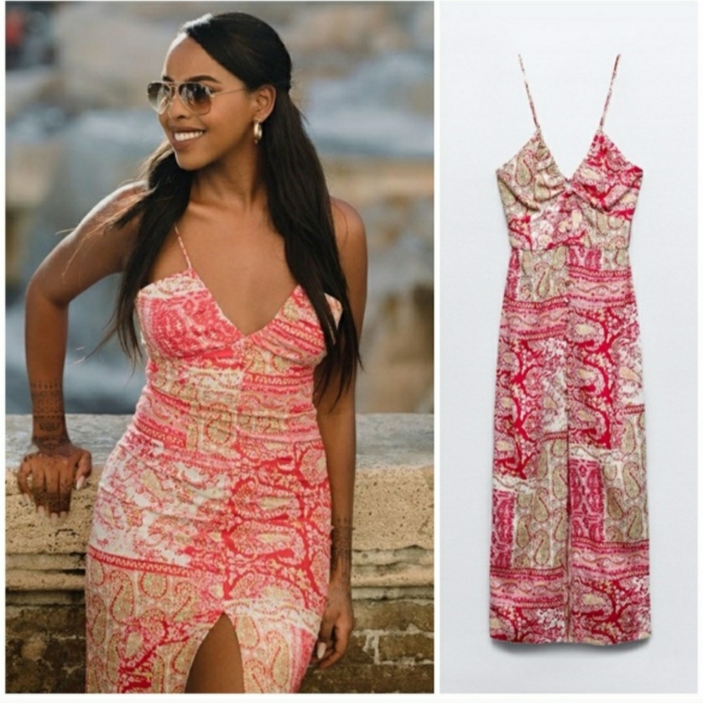 Women's Zara Patchwork Midi Linen Dress Size XS